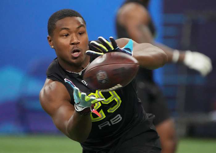Mar 4, 2022; Indianapolis, IN, USA; Texas A&M running back Isaiah Spiller (RB29) goes through drills during the 2022 NFL Scouting Combine at Lucas Oil Stadium. Mandatory Credit: Kirby Lee-USA TODAY Sports